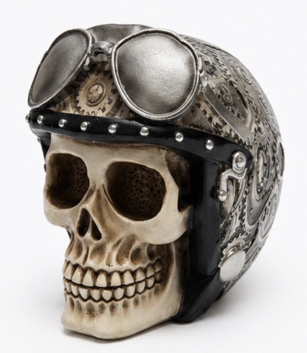 Steampunk Skull Helmet Figurine Resin Statue Gothic Decor Motorcycle Goggles 7”